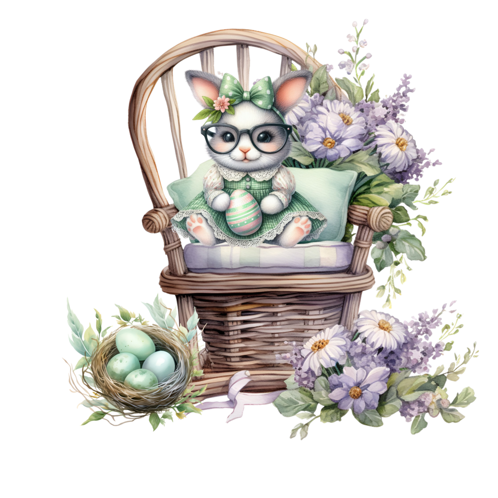 easter bunny in a basket with flowers and eggs, watercolor illustration png