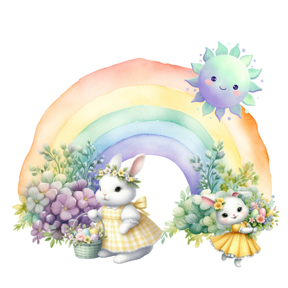 watercolor illustration of a bunny and a rainbow png