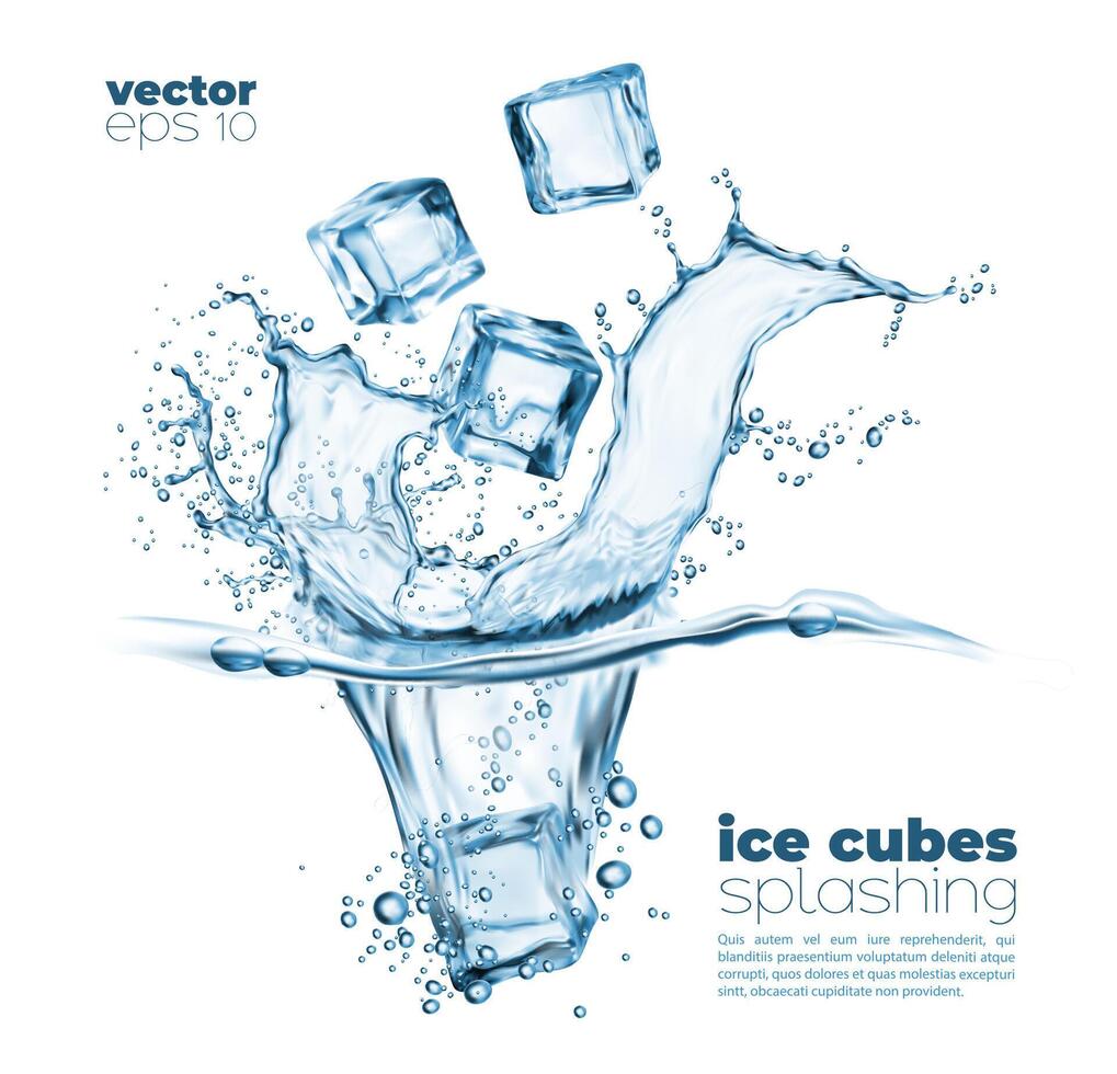 hielo cubitos que cae dentro agua con chapoteo y gotas vector