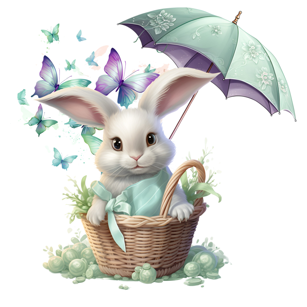 Pâques lapin avec papillon et vert parapluie png