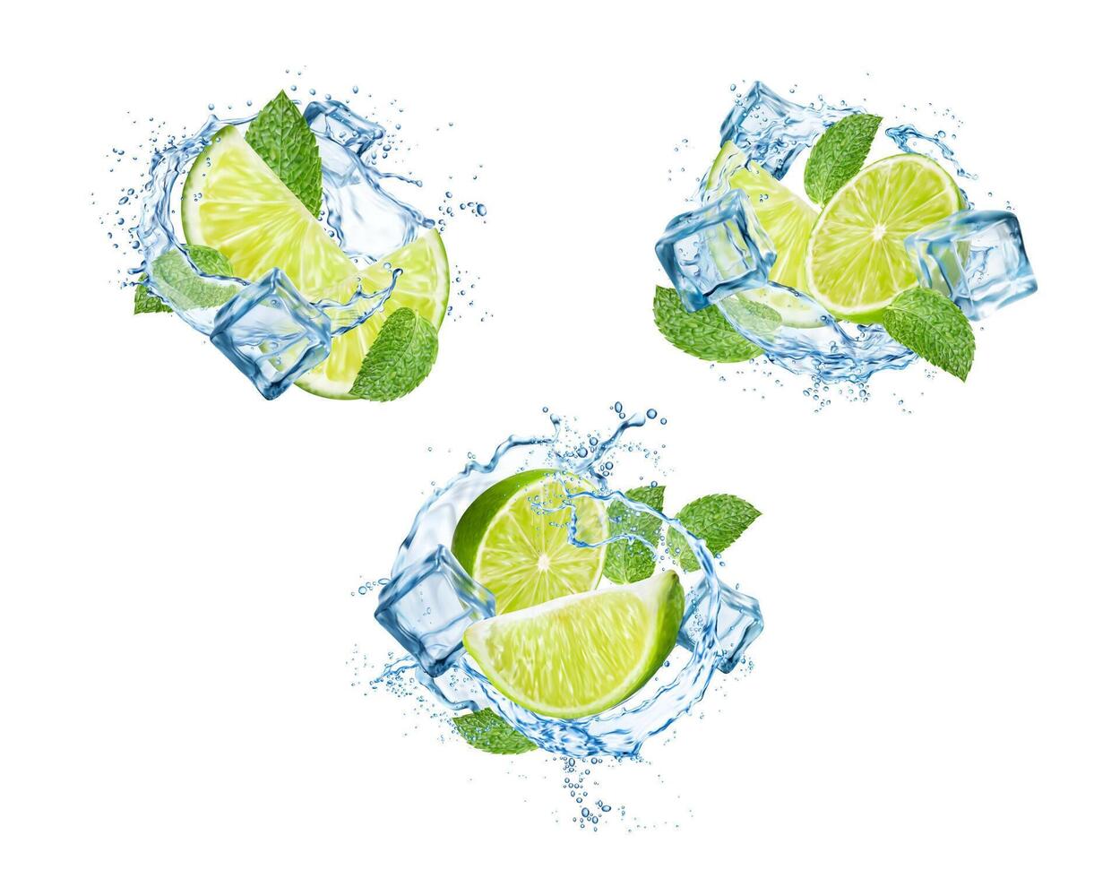 Mojito drink splash, lime, ice cubes, mint leaves vector