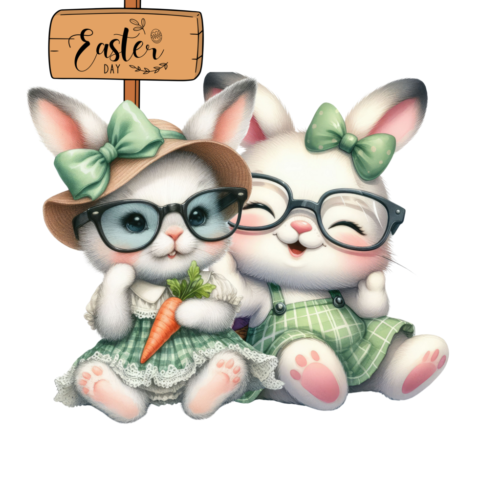 deux mignonne lapins en portant carottes et une signe cette dit content Pâques png