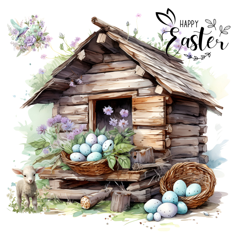 easter egg illustration with a wooden house and flowers, watercolor illustration png