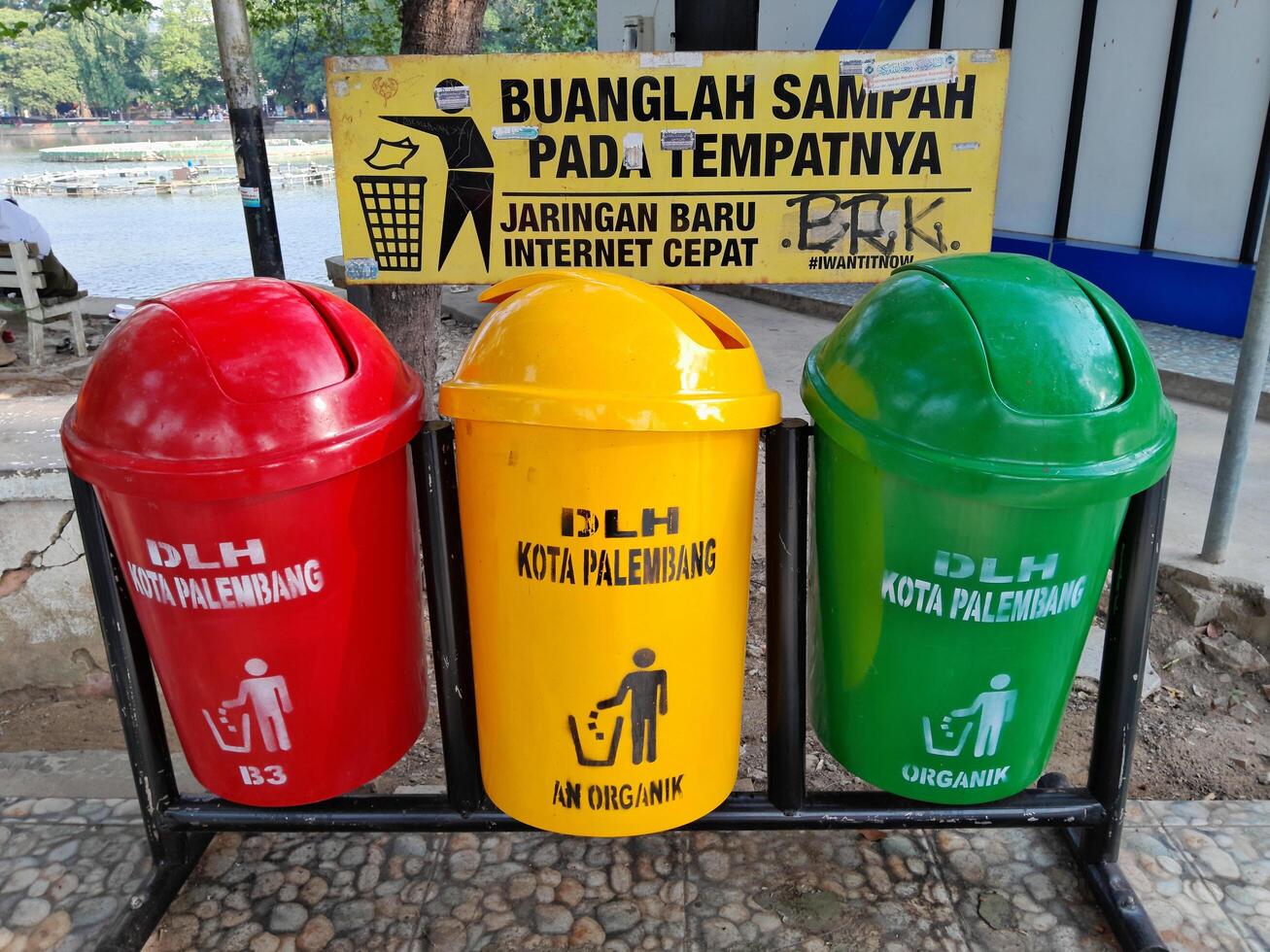Photo of a colourful trash can.