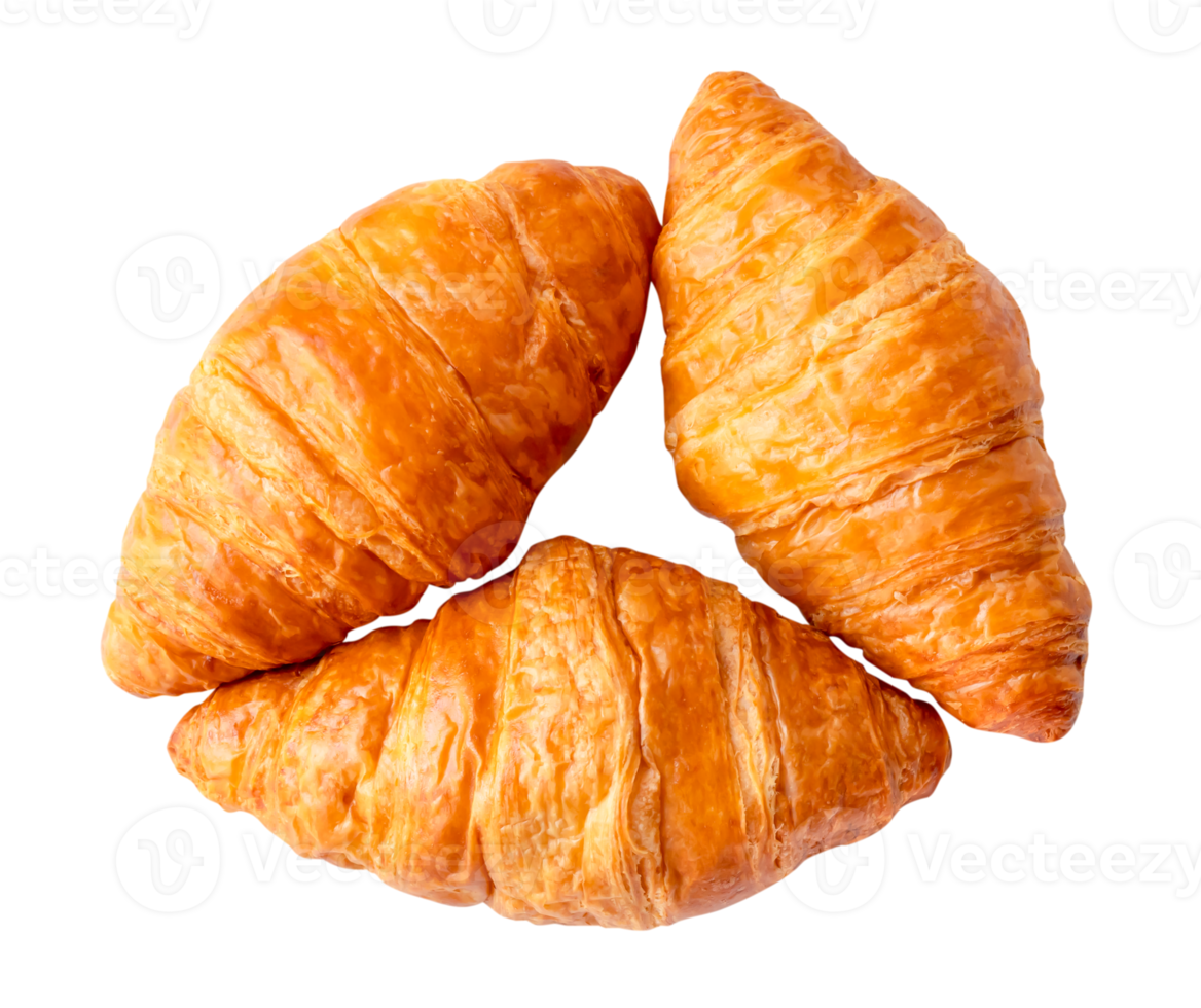 Top view set of three fresh croissants isolated with clipping path in png file format