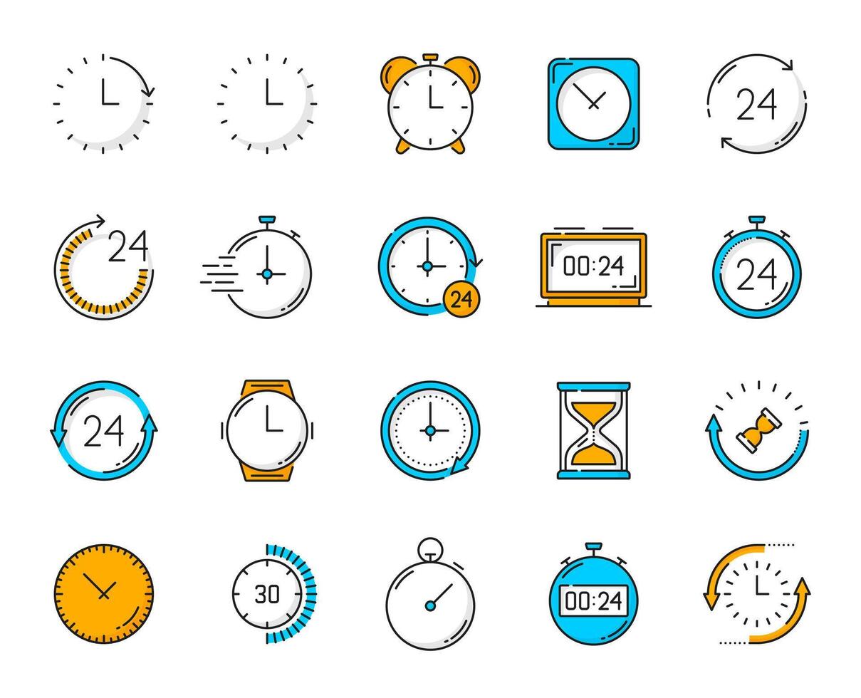 Alarm clock, stopwatch timer, calendar icons vector