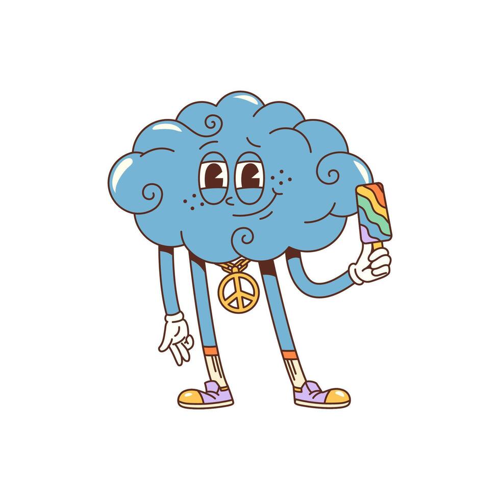 Cartoon groovy cloud character in hippie style vector