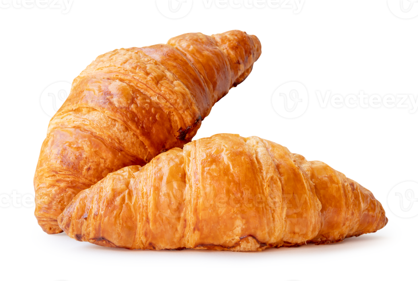 Front view of two fresh croissants isolated with clipping path and shadow in png file format
