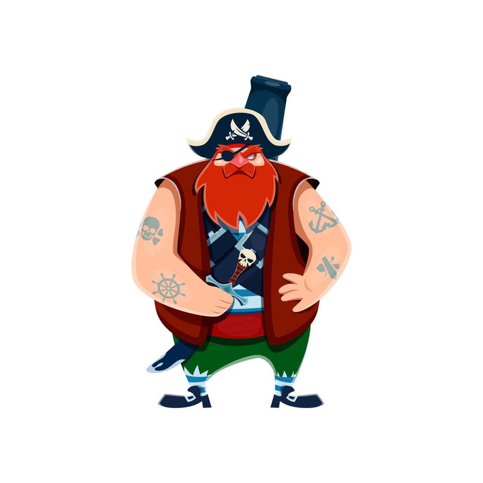 Cartoon pirate captain character, sword and cannon vector