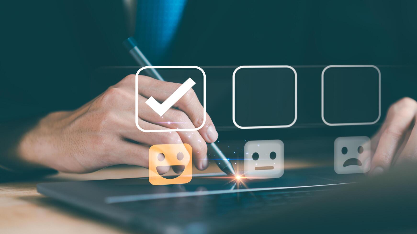 Male consumers rate their satisfaction and rate and review them online. Customer Experience Survey Concepts for Services and Products and Customer Engagement ,evaluation business success photo