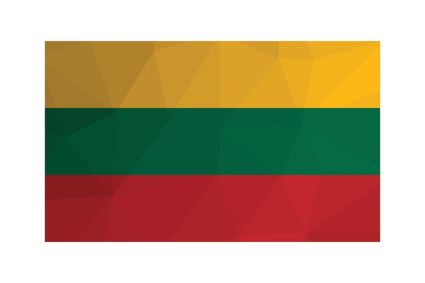 Vector isolated illustration. National Lithuanian flag with tricolor of yellow, green, red. background. Official symbol of Lithuania. Creative design in low poly style with triangular shapes.