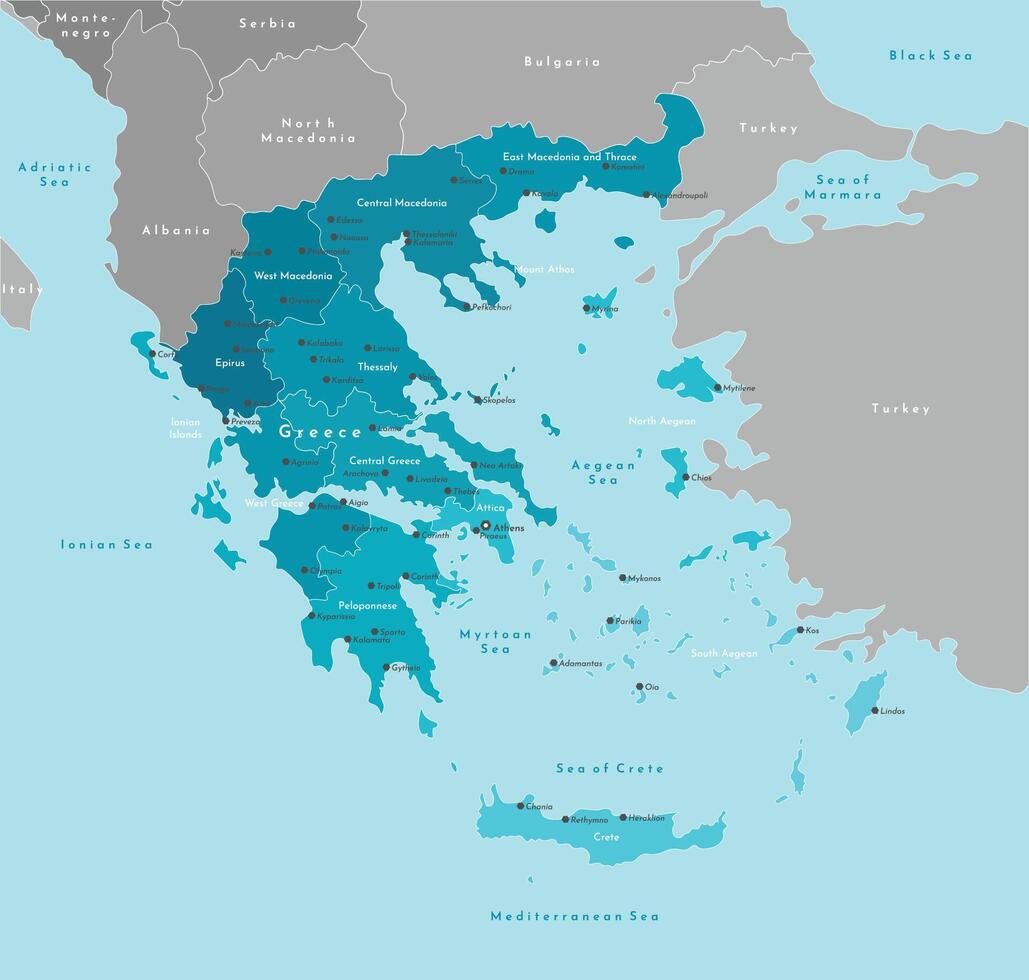 Vector modern illustration. Simplified administrative map of Greece, Hellenic Republic. Border with nearest states Bulgaria, Turkey and etc. Blue background of seas. Names of cities and regions