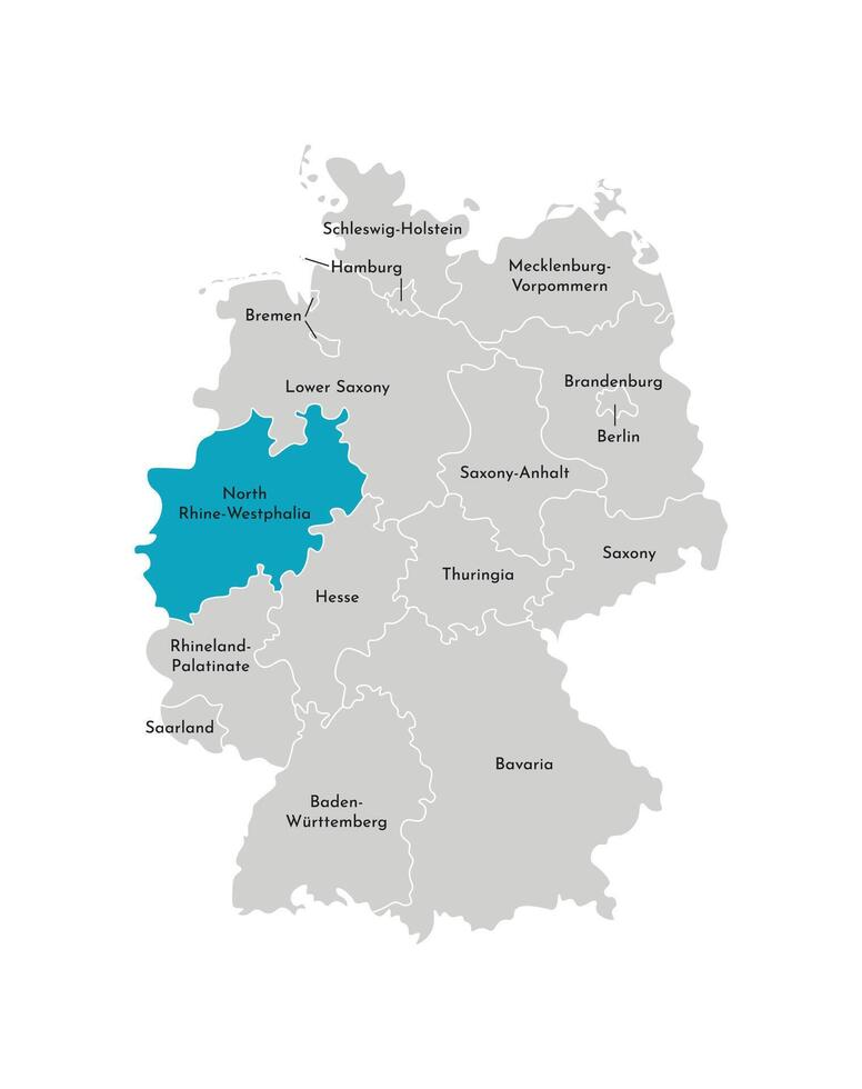 Vector isolated illustration of simplified administrative map of Germany. Blue silhouette of North Rhine-Westphalia state. Grey silhouettes. White outline