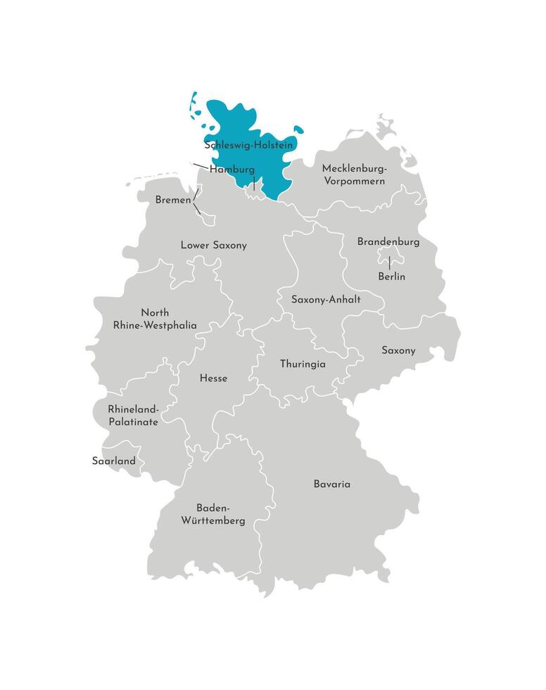 Vector isolated illustration of simplified administrative map of Germany. Blue silhouette of Schleswig-Holstein state. Grey silhouettes. White outline