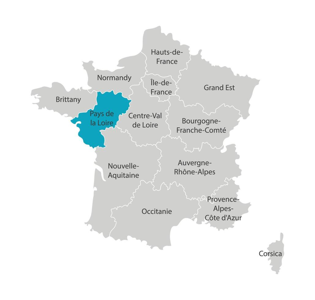 Vector isolated illustration of simplified administrative map of France. Blue shape of Pays de la Loire. Borders of the provinces, regions. Grey silhouettes. White outline.