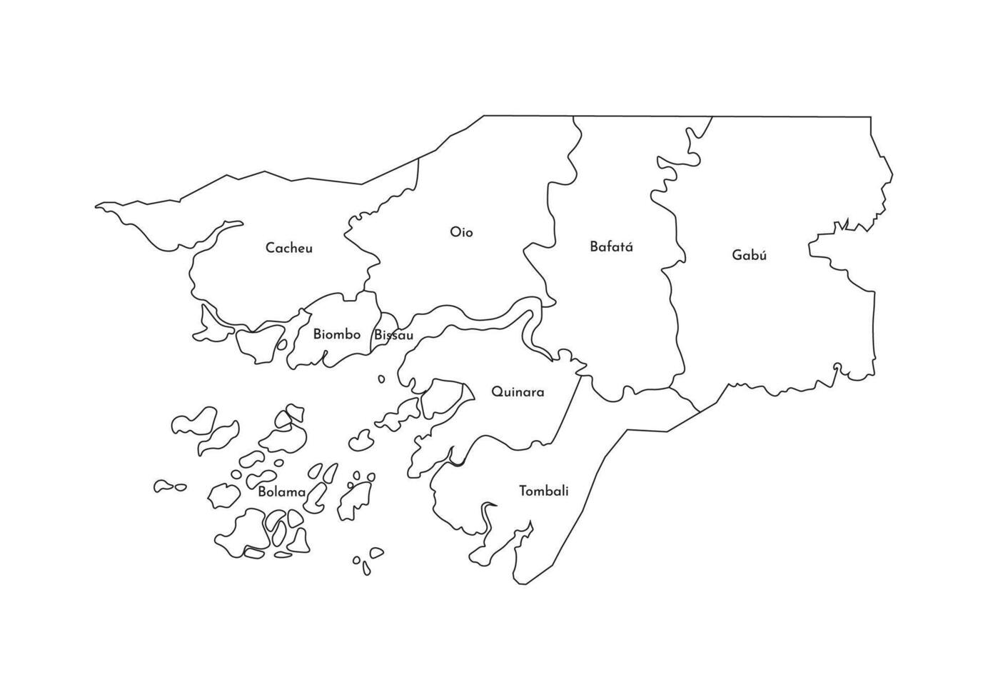 Vector isolated illustration of simplified administrative map of Guinea-Bissau. Borders and names of the regions. Black line silhouettes.