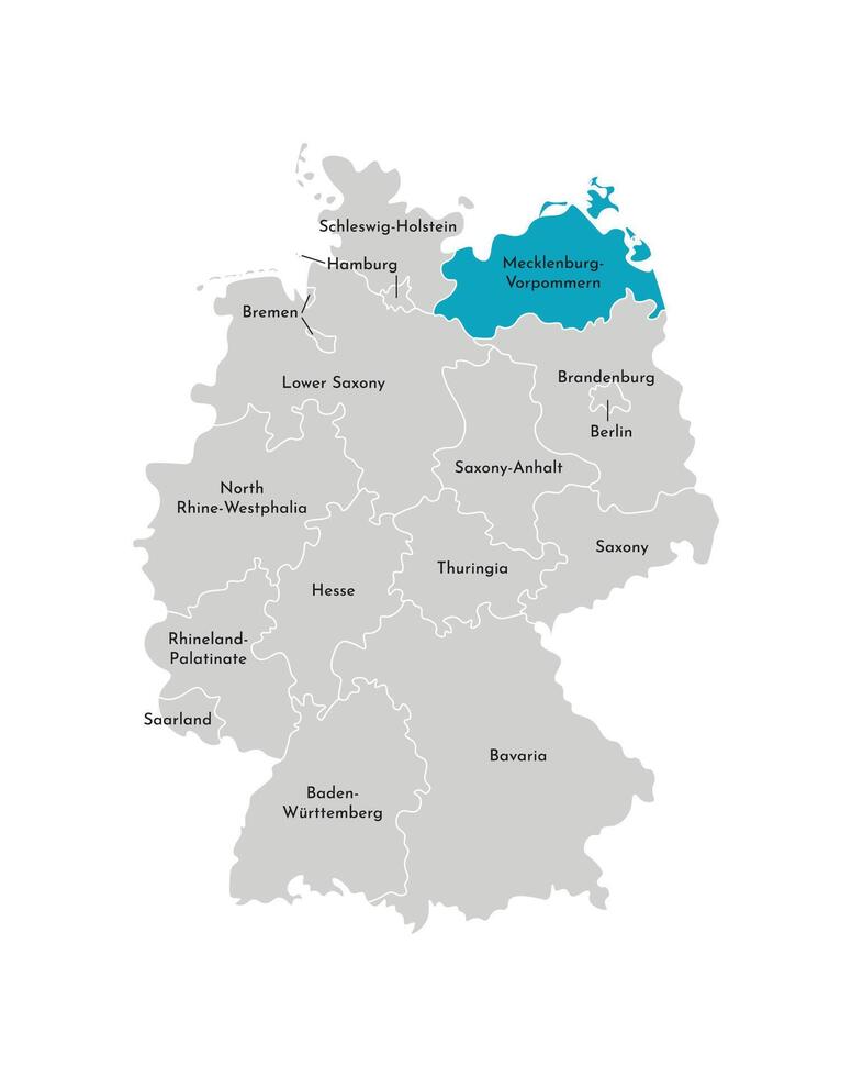 Vector isolated illustration of simplified administrative map of Germany. Blue silhouette of Mecklenburg-Vorpommern state. Grey silhouettes. White outline