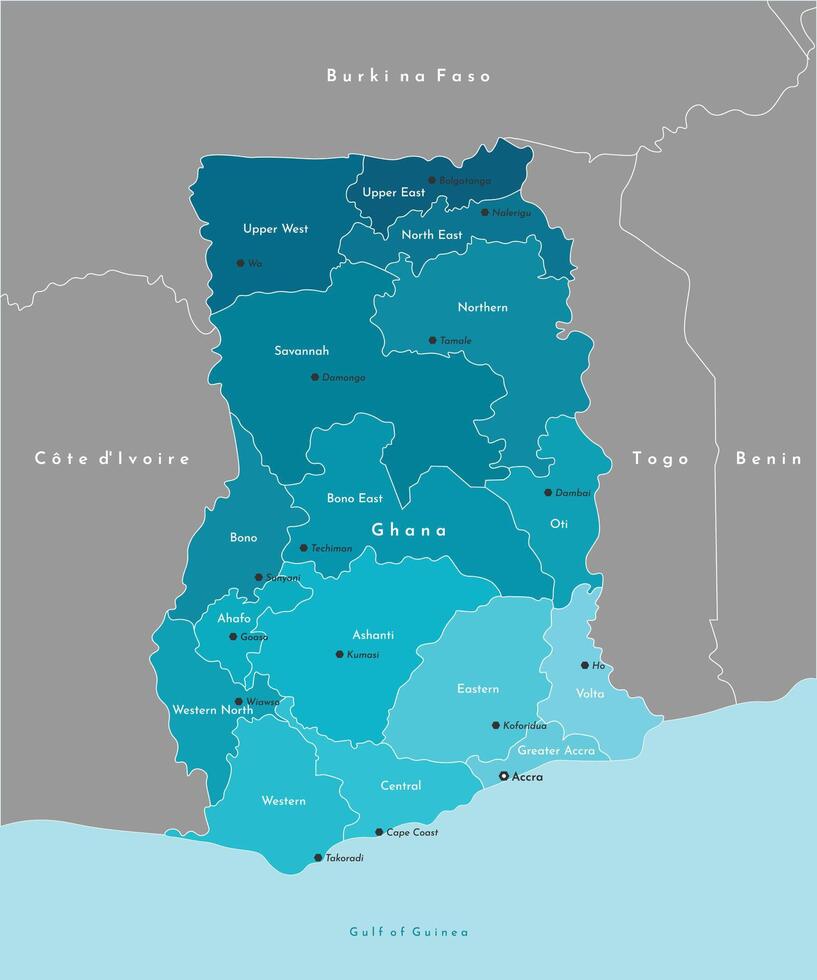 Vector modern illustration. Simplified administrative map of Ghana and and border with neighboring countries. Blue background of Gulf of Guinea. Names of Ghana regions and these capitals