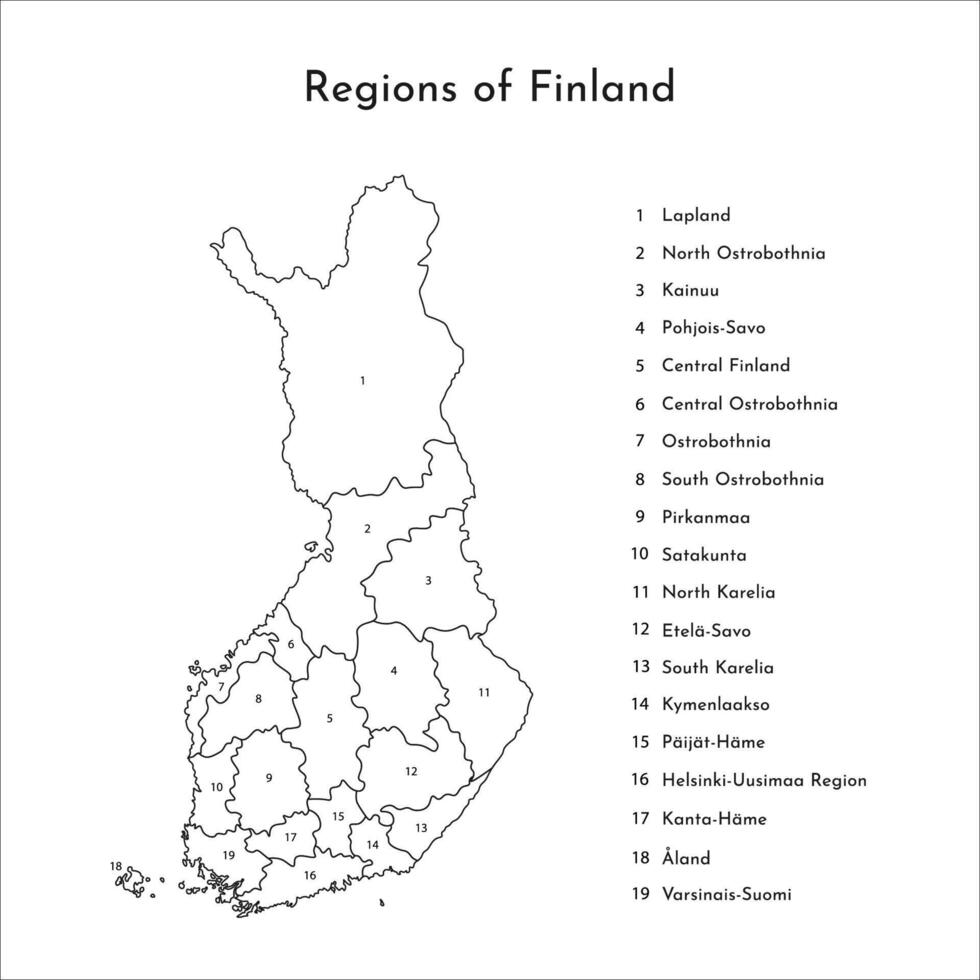 Vector isolated simplified map of Finland regions. Borders and names of administrative divisions. Black outline. White background