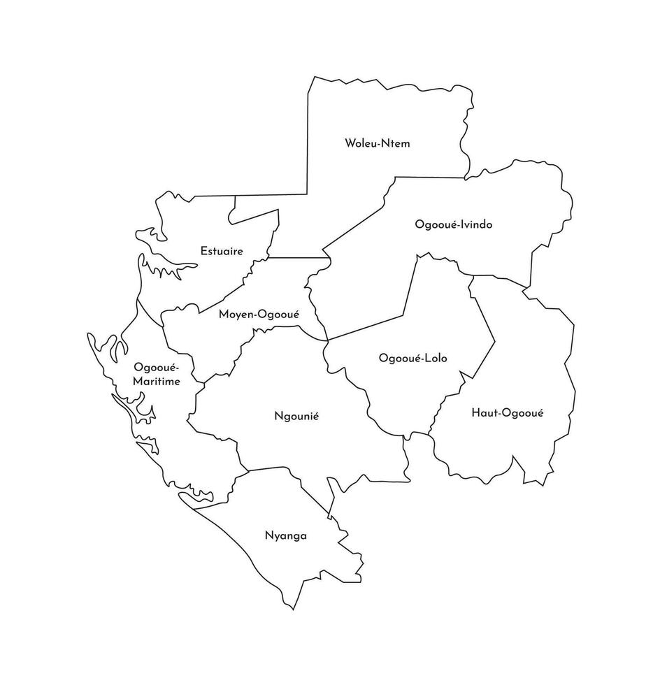 Vector isolated illustration of simplified administrative map of Gabon. Borders and names of the provinces, regions. Black line silhouettes.
