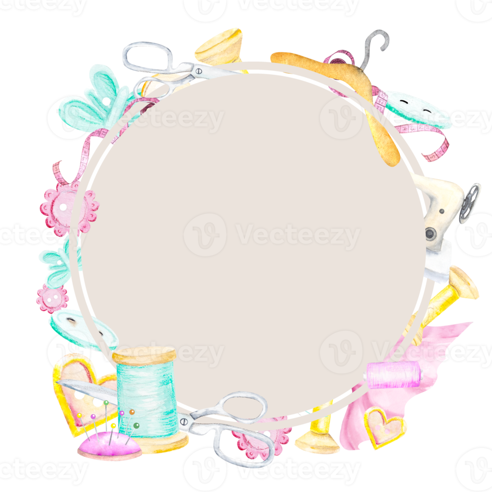 Frame from a watercolor sewing kit. Hangers, buttons, threads, ribbon, sewing machine, needlework, embroidery scissors Hand drawn png