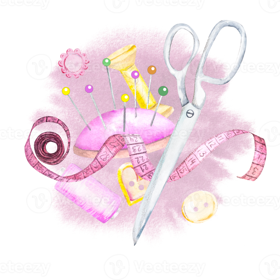 Watercolor sewing set. Hangers, buttons, threads, ribbon, sewing machine, needlework embroidery scissors Hand drawn watercolor drawing png