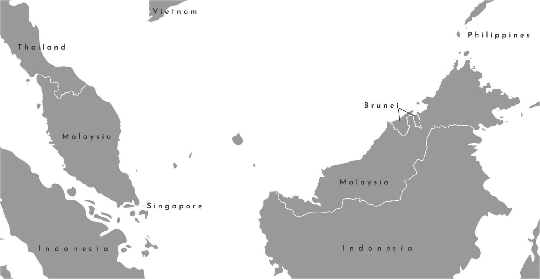 vector aislado ilustración. gris simplificado mapa de Malasia en el centro, vecino países son cerca. blanco antecedentes.