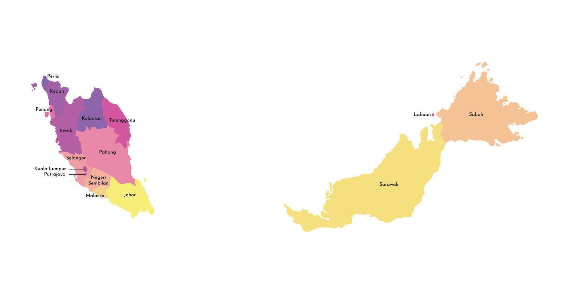 vector aislado ilustración de simplificado administrativo mapa de Malasia. fronteras y nombres de el regiones. multi de colores siluetas