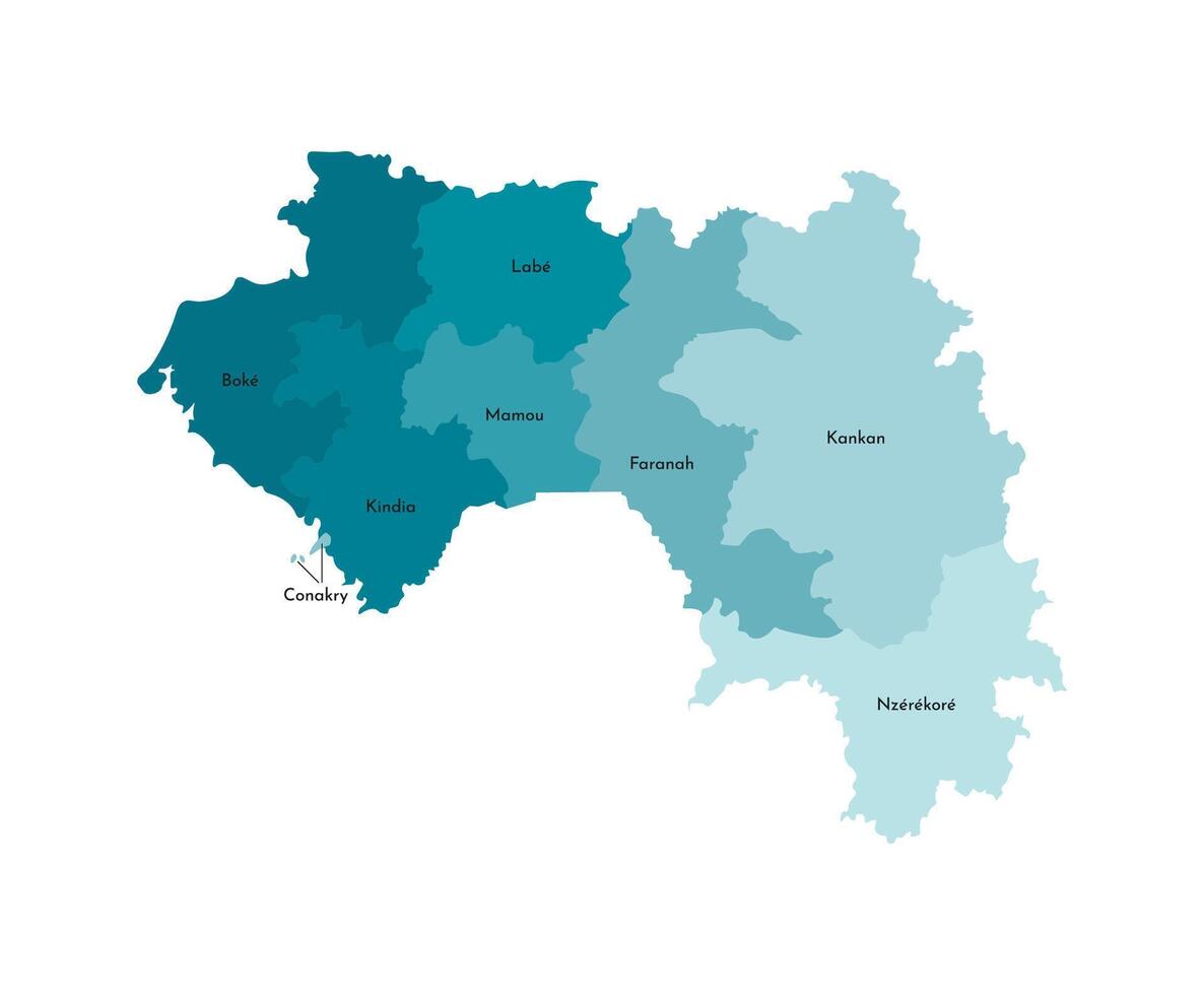 vector aislado ilustración de simplificado administrativo mapa de Guinea. fronteras y nombres de el regiones. vistoso azul caqui siluetas
