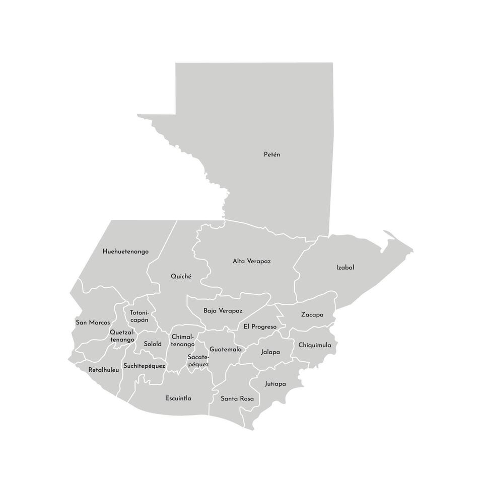 Vector isolated illustration of simplified administrative map of Guatemala. Borders and names of the departments, regions. Grey silhouettes. White outline