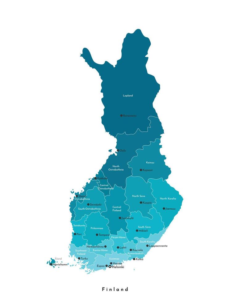 Vector isolated illustration. Simplified administrative map of Finland. Names of big finnish cities and regions. Blue colors. White background