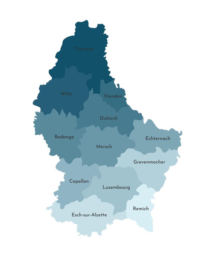 Vector isolated illustration of simplified administrative map of Grand Duchy of Luxembourg. Borders and names of the cantons. Colorful blue khaki silhouettes.