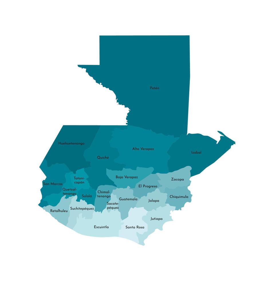 vector aislado ilustración de simplificado administrativo mapa de Guatemala. fronteras y nombres de el departamentos, regiones. vistoso azul caqui siluetas