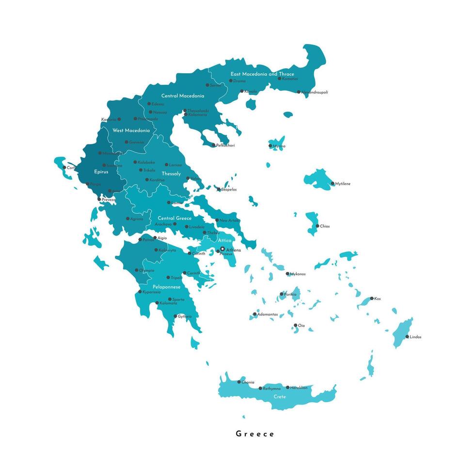 Vector isolated illustration. Simplified administrative map of Greece, Hellenic Republic. Blue shapes on white background. Names of greek cities and regions