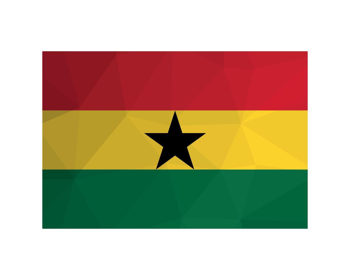 Vector illustration. Official ensign of Ghana. National flag with red, yellow, green stripes and black star. Creative design in low poly style with triangular shapes