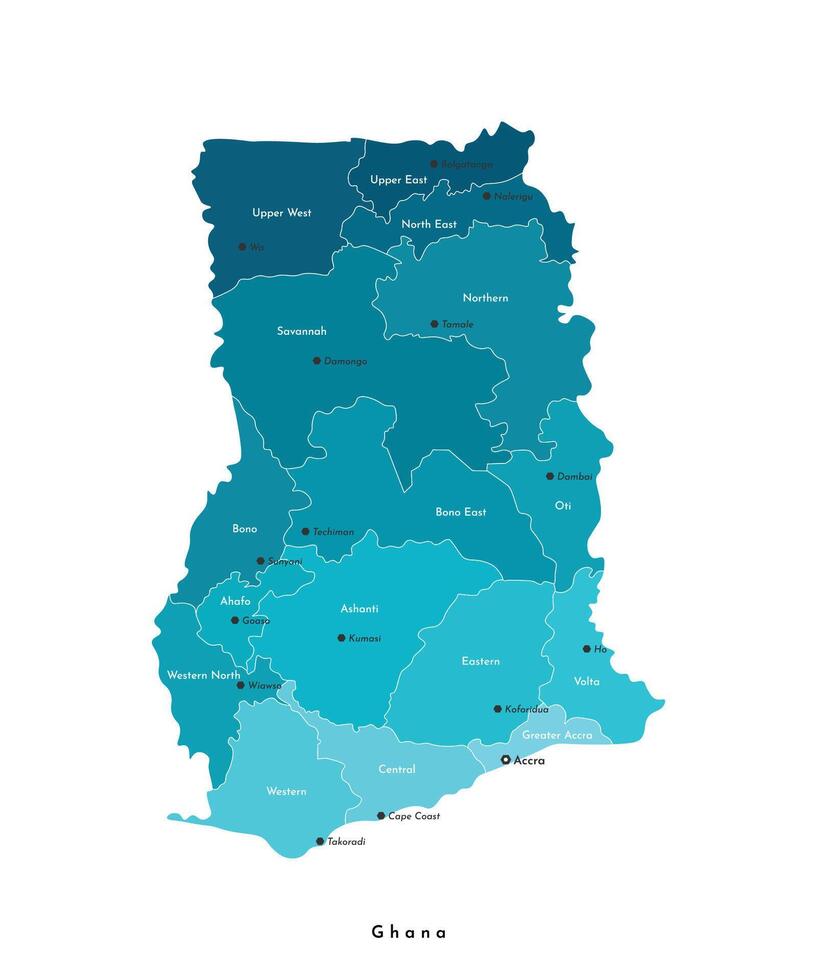Vector isolated illustration. Simplified administrative map of Ghana in blue colors. White background. Names of Ghana regions and capitals