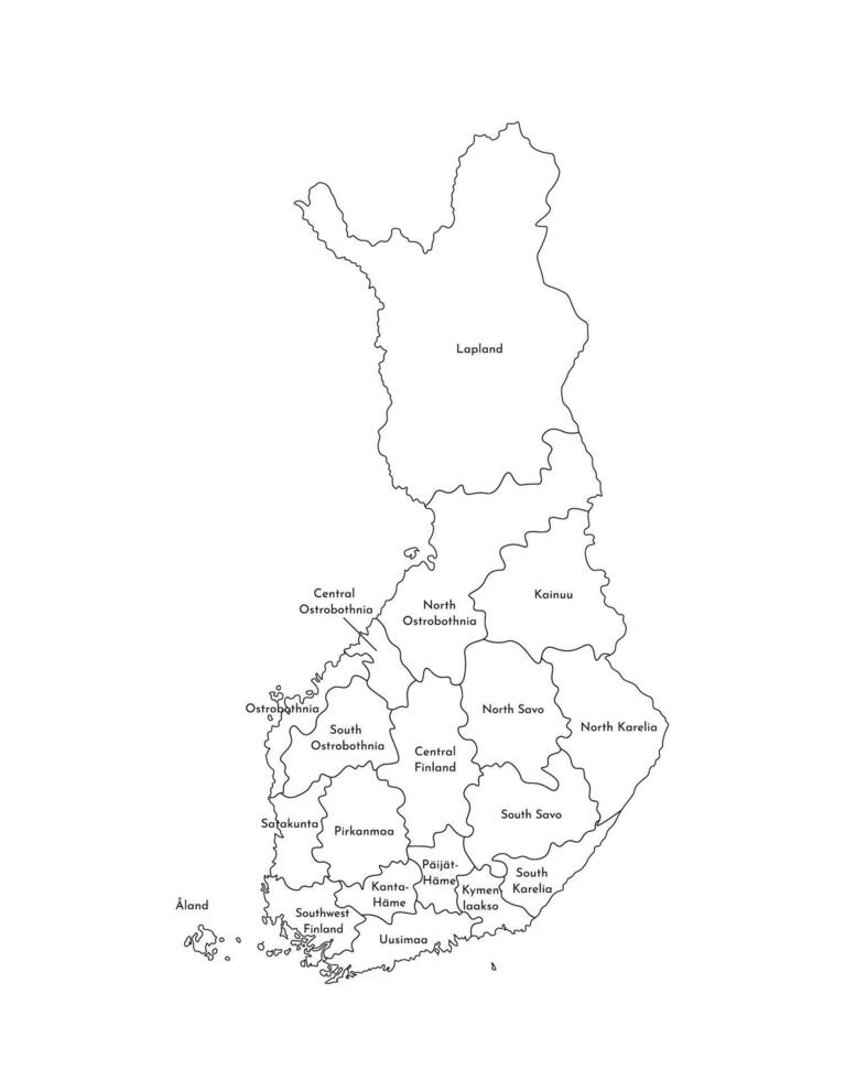 Vector isolated illustration of simplified administrative map of Finland. Borders and names of the regions. Black line silhouettes