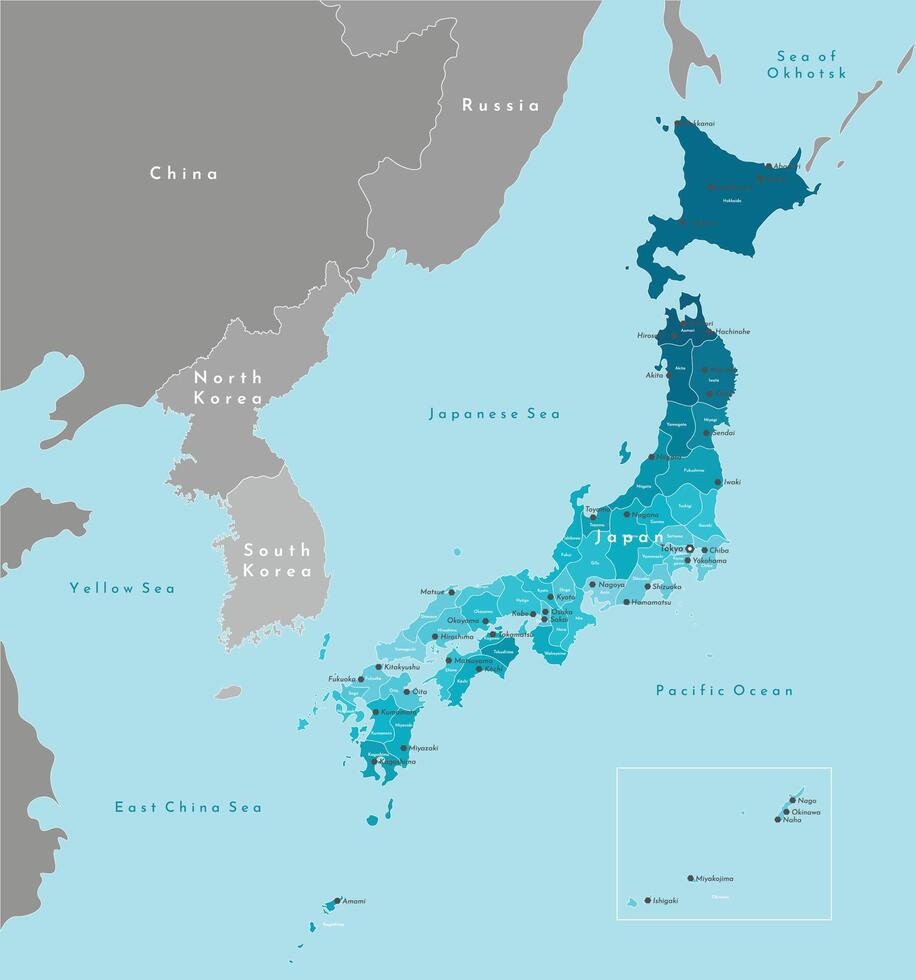 Vector modern illustration. Simplified geographical map of Japan and nearest countries. Blue background of seas and Pacific Ocean. Names of japanese cities and prefectures.