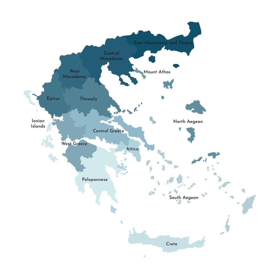 Vector isolated illustration of simplified administrative map of Greece. Borders and names of the regions. Colorful blue khaki silhouettes.