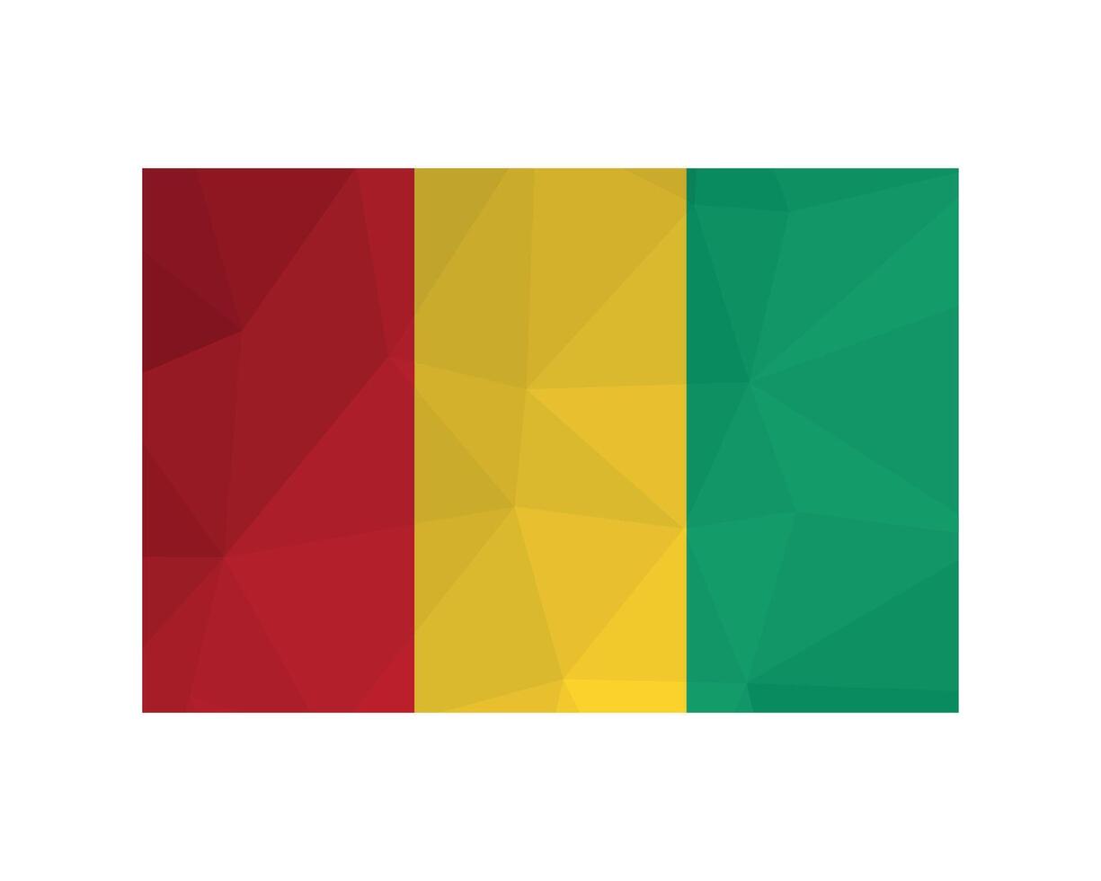 Vector illustration. Official ensign of Guinea. National flag with red, yellow, green stripes. Creative design in low poly style with triangular shapes. White background