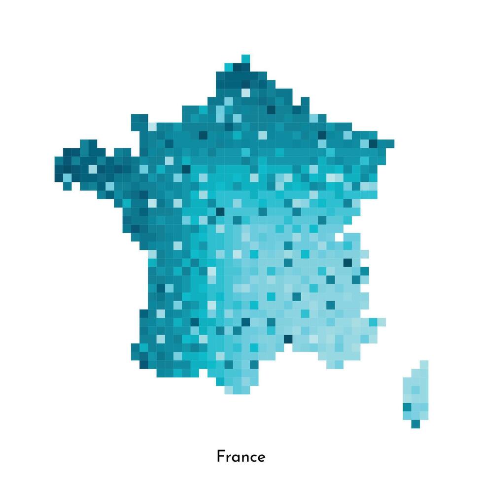 Vector isolated geometric illustration with simplified icy blue silhouette of France map. Pixel art style for NFT template. Dotted logo with gradient texture for design on white background