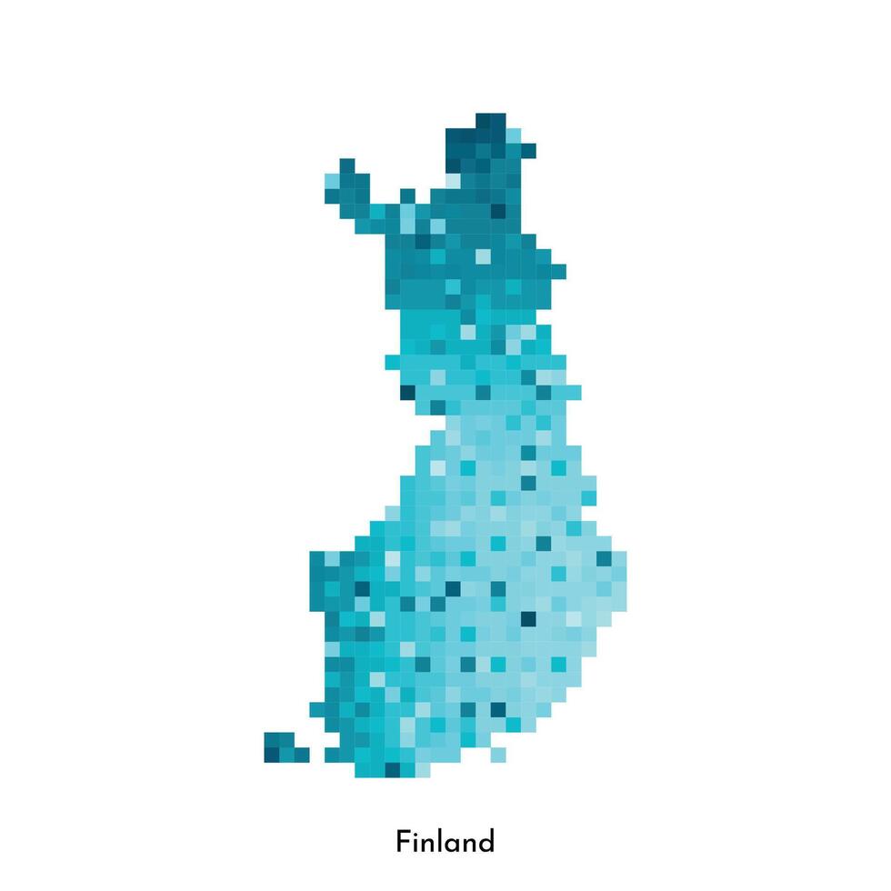 Vector isolated geometric illustration with simplified icy blue silhouette of Finland map. Pixel art style for NFT template. Dotted logo with gradient texture for design on white background