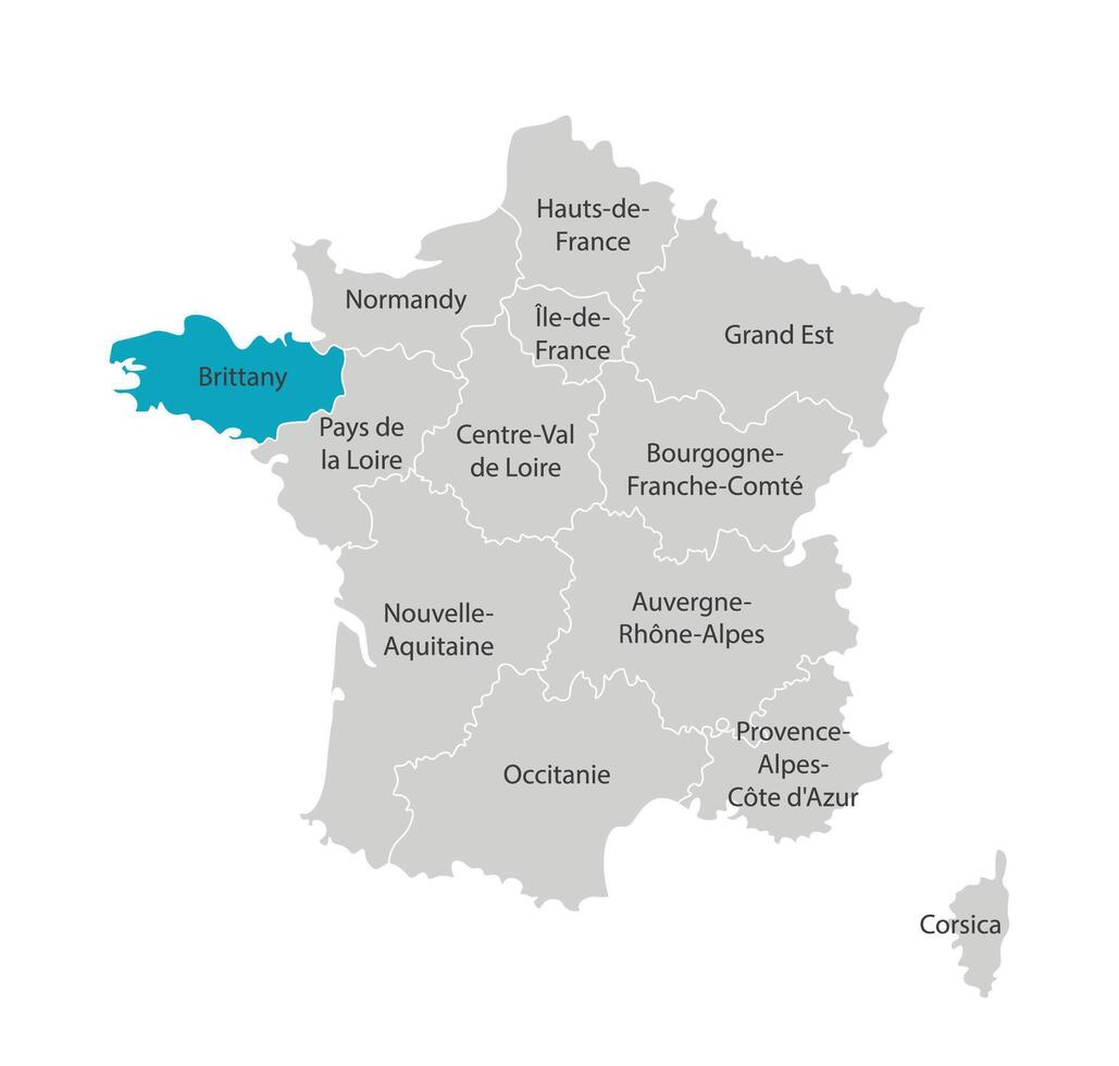 Vector isolated illustration of simplified administrative map of France. Blue shape of Brittany. Borders of the provinces, regions. Grey silhouettes. White outline.