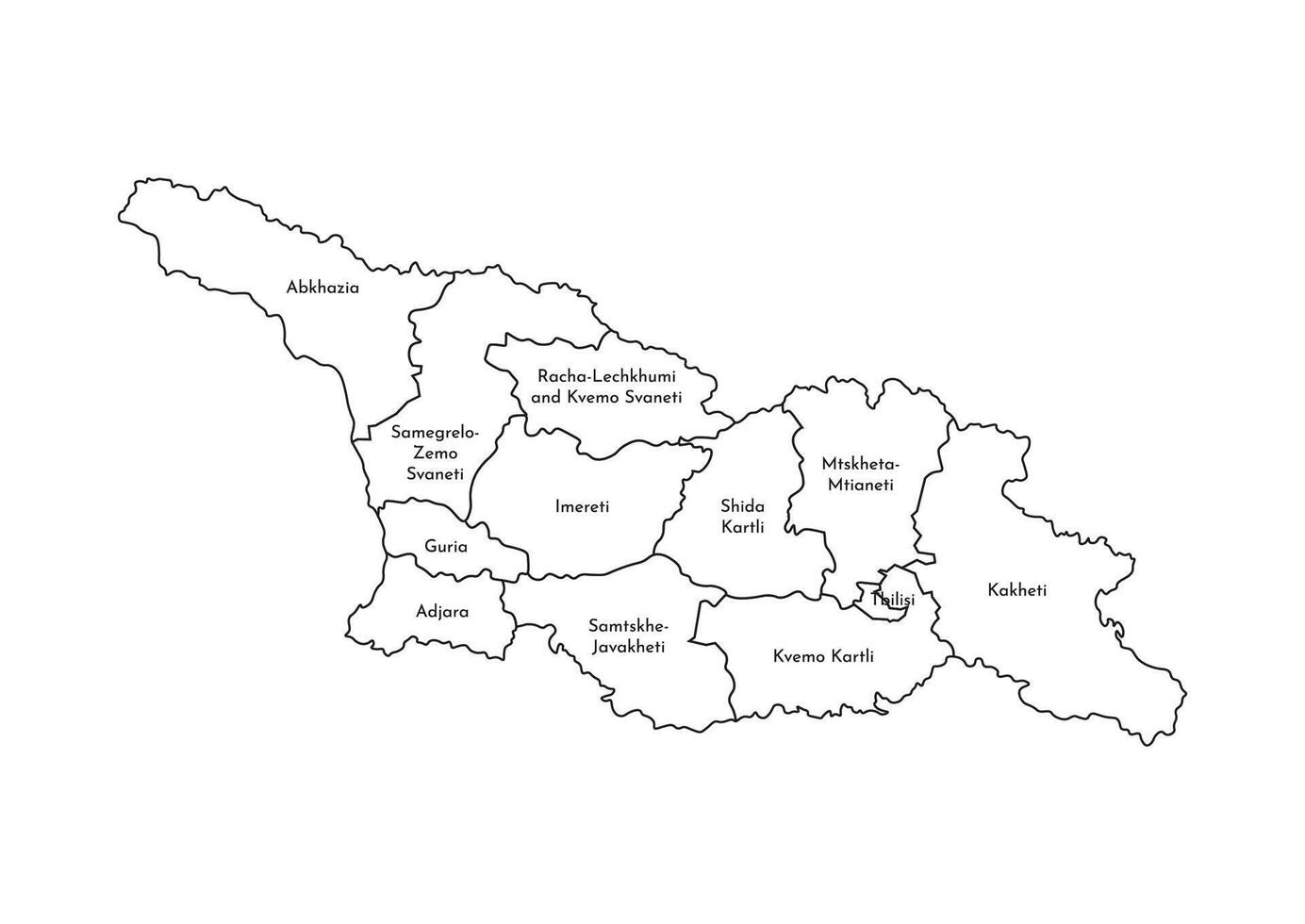 Vector isolated illustration of simplified administrative map of Georgia country. Borders and names of the regions. Black line silhouettes.