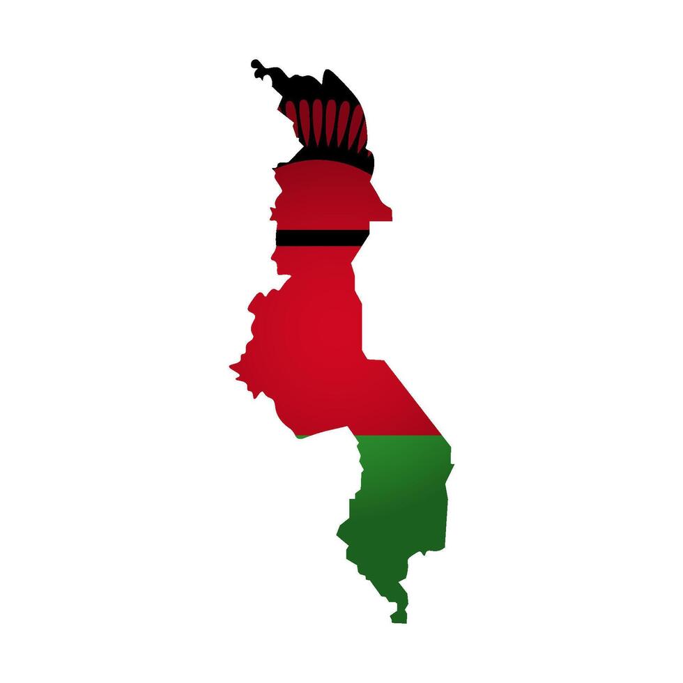 Vector Illustration with national flag with simplified shape of Malawi map. Volume shadow on the map.