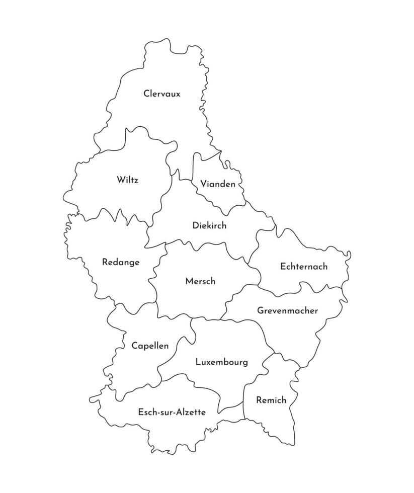 Vector isolated illustration of simplified administrative map of Grand Duchy of Luxembourg. Borders and names of the cantons. Black line silhouettes.