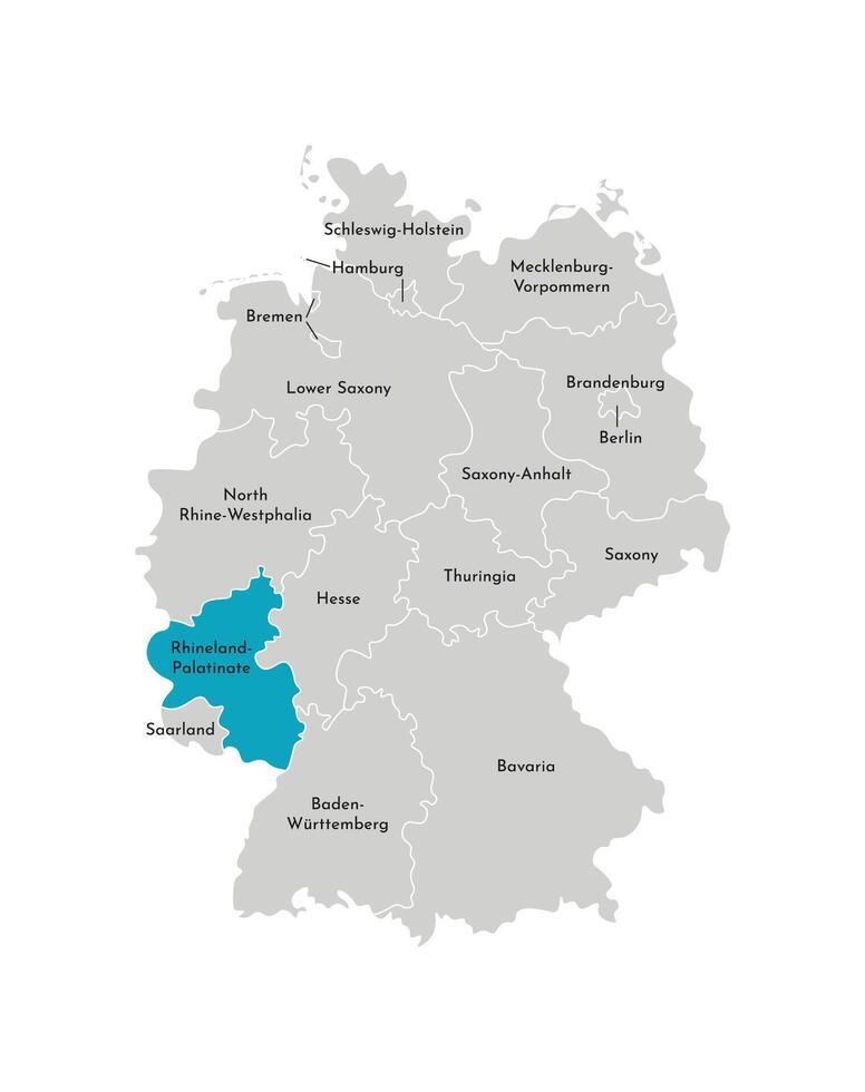 Vector isolated illustration of simplified administrative map of Germany. Blue silhouette of Rhineland-Palatinate state. Grey silhouettes. White outline