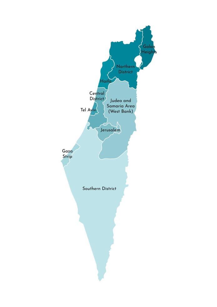 Vector isolated illustration of simplified administrative map of Israel. Borders and names of the districts, regions. Colorful blue khaki silhouettes