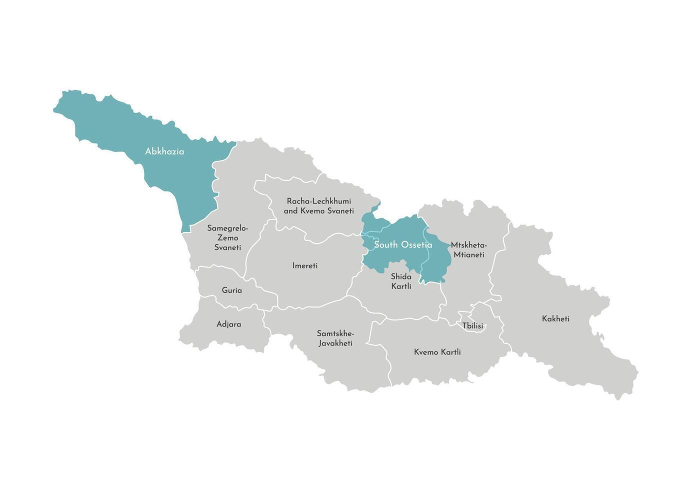 Vector isolated illustration of simplified administrative map of Georgia country with blue shape of territories Abkhazia and South Ossetia. Borders of the regions, grey silhouettes