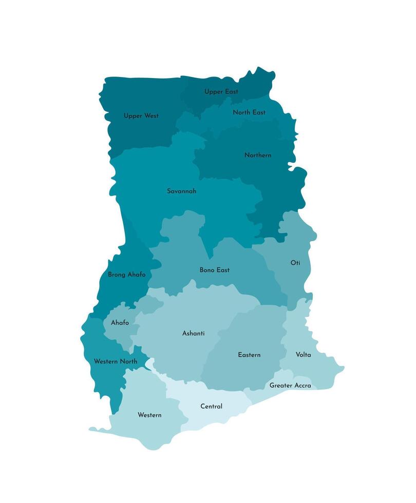 Vector isolated illustration of simplified administrative map of Ghana. Borders and names of the regions. Colorful blue khaki silhouettes
